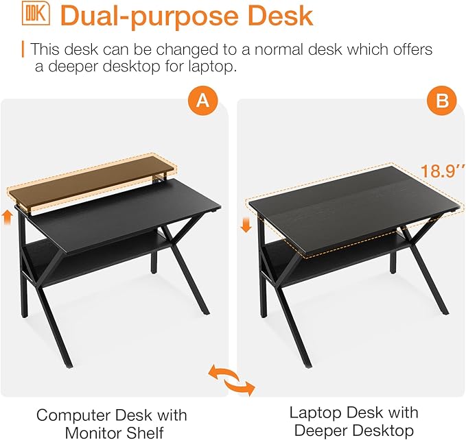 ODK Small Desk, 27.5 Inch Computer Desk for Small Spaces, Study Desk with Storage & Monitor Stand, Black