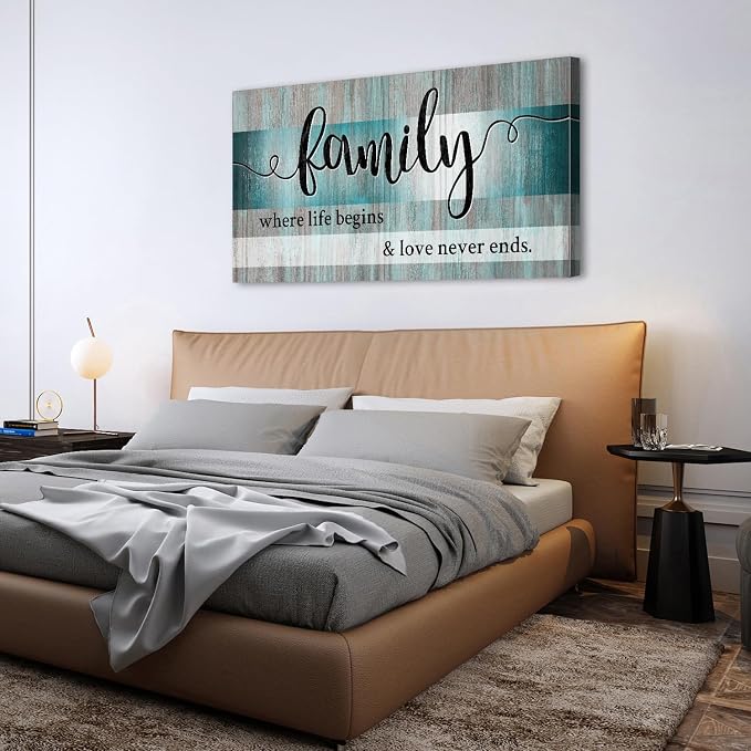 AIYISU Teal Family Wall Art Family Signs for Home Decor Wall Inspirational Quotes Picture Farmhouse Kitchen Dining Room Decor Turquoise Family Canvas Painting Bedroom Living Room Decoration 30x60