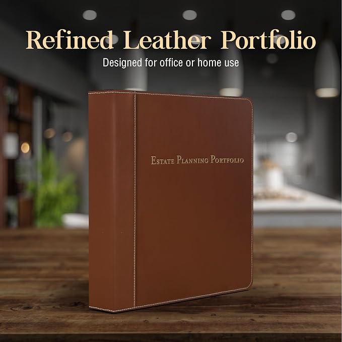Estate Planning Leather Organizer Binder – Genuine Leather Estate Planning Portfolio, 3 Ring Round Ring Trust Binder with Tabs & Folder for Wills, Insurance & Legal Documents – Brown Leather