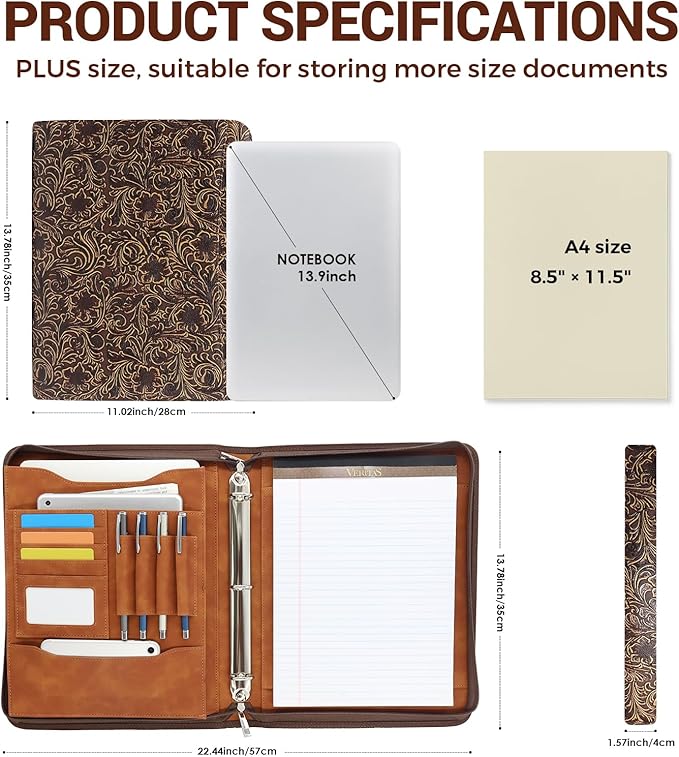 Western Vintage Floral Embossed Faux Leather Zippered Padfolio with 3 Ring Binder, Executive Portfolio Organizer Binder for Women, Fits 13.9" Laptop/Tablet, Refillable Writing Pad Pocket