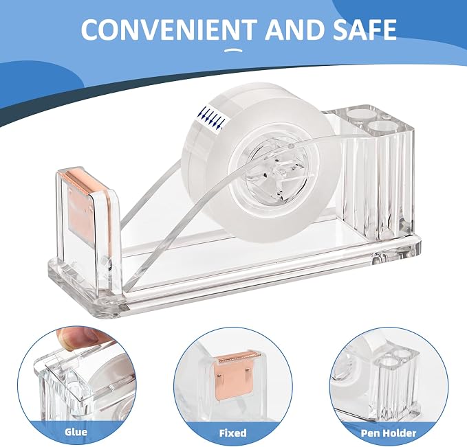 2 Pcs Transparent Acrylic Tape Dispenser, Non-Skid | Clear Tape Cutter Holder, for Desk Organization, Office Supplies, School Supplies, Home, Craft, Gift Wrapping