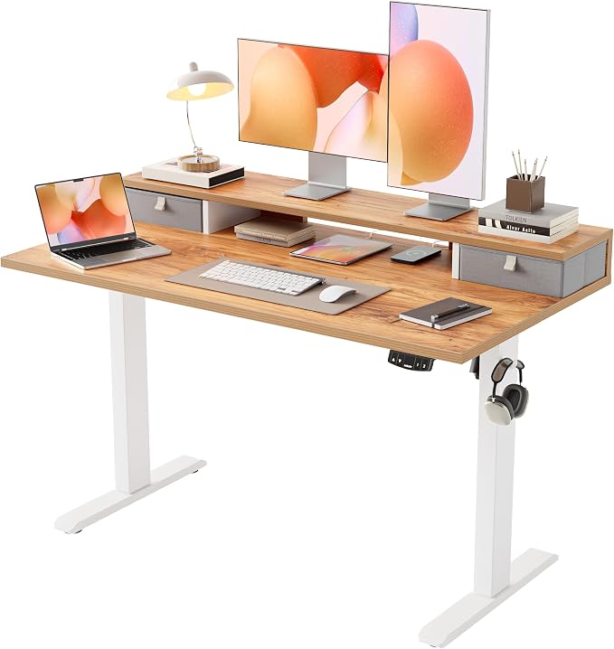 Agilestic 48 x 24 Inches Electric Standing Desk with 2 Storage Drawers, Adjustable Height Sit and Stand Computer Table with Splice Board, Light Rustic Brown