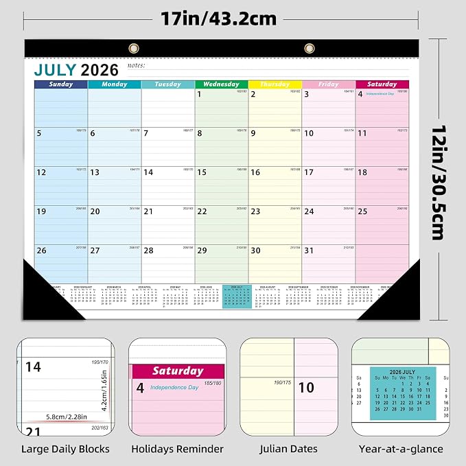 ZTX Desk Calendar 2026-2027 Calendar Desk Calendars 2026-2027-18 Month Planner Big 17"x12" Jul.2026-Dec.2027 Clear Plastic Cover for Home Office School Colorful