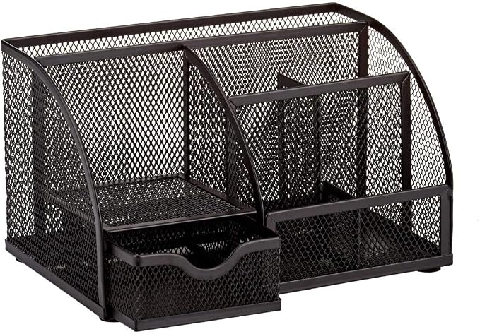 Annova Mesh Desk Organizer Office with 7 Compartments + Drawer/Desk Tidy Candy/Pen Holder/Multifunctional Organizer (Black)