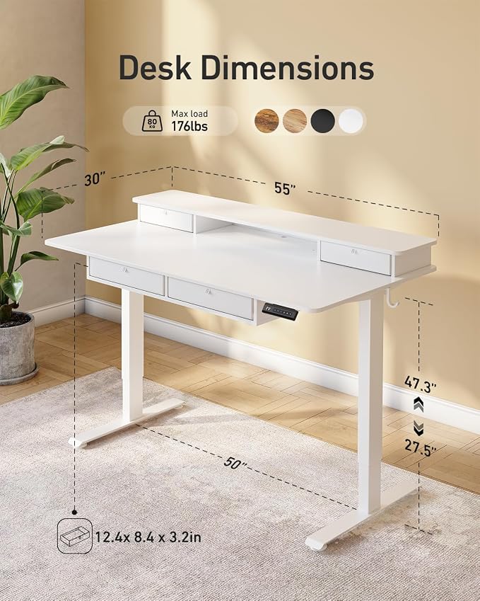 CubiCubi 55" x 30" Standing Desk with Drawers, Height Adjustable Electric Workstation, Computer Sit Stand Up Table with Large Storage Shelf 4 Drawers and 2 Hooks, White