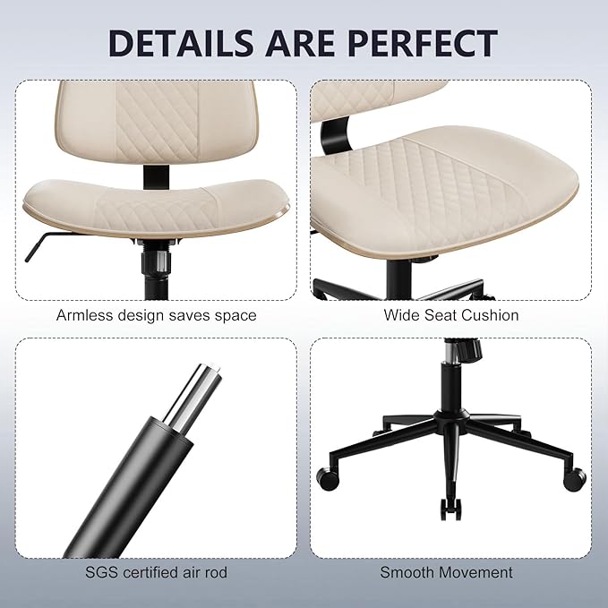Modern Armless Office Chair with Wheels, Adjustable Swivel Desk Chair with Wide Seat and Tilt Function, Faux Leather Mid Century Task Chair for Home Office, Bedroom, Vanity, Beige