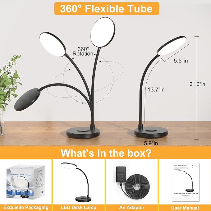 Desk Lamp for Home Office, Small Desk Lamp with Wireless Charger, Dimmable 3 Color Modes Study Lamp, Adjustable Neck 800LM Eye-Caring Desk Light, Bedside, College Dorm, Adapter Included