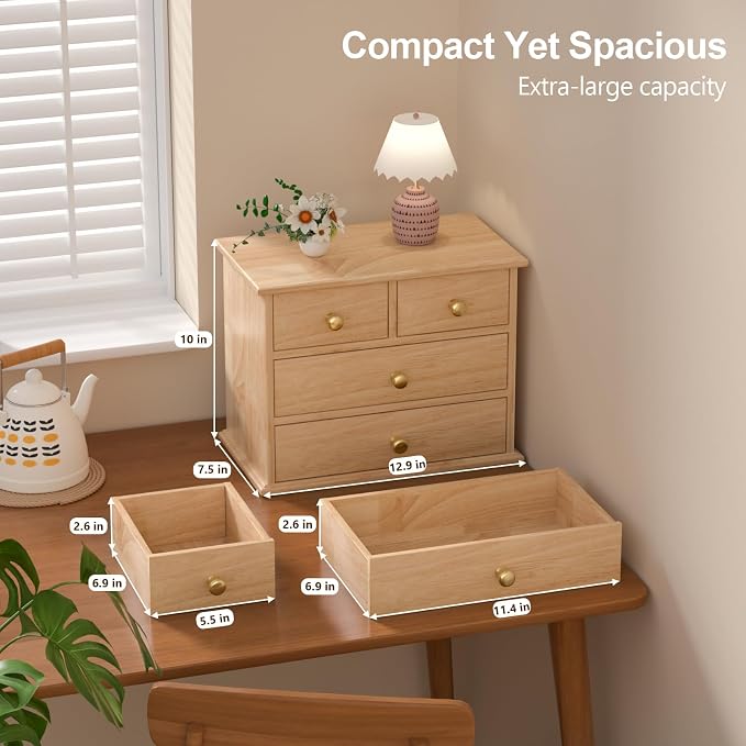 Oak Desk Organizer with Drawers, Durable Wooden Desktop Storage Box | 4 Drawer Tabletop Organizer with Metal Handles & Non-Slip Pads for Office, Bedroom, Bathroom, Vanity, Makeup Storage, Natural