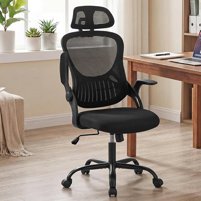 Ergonomic Office Chair, Comfy Desk Chair with Wheels, Adjustable Headrests, Flip-Up Armrests, Breathable Mesh High-Back, Comfortable Swivel Seating for Home Computer, Black