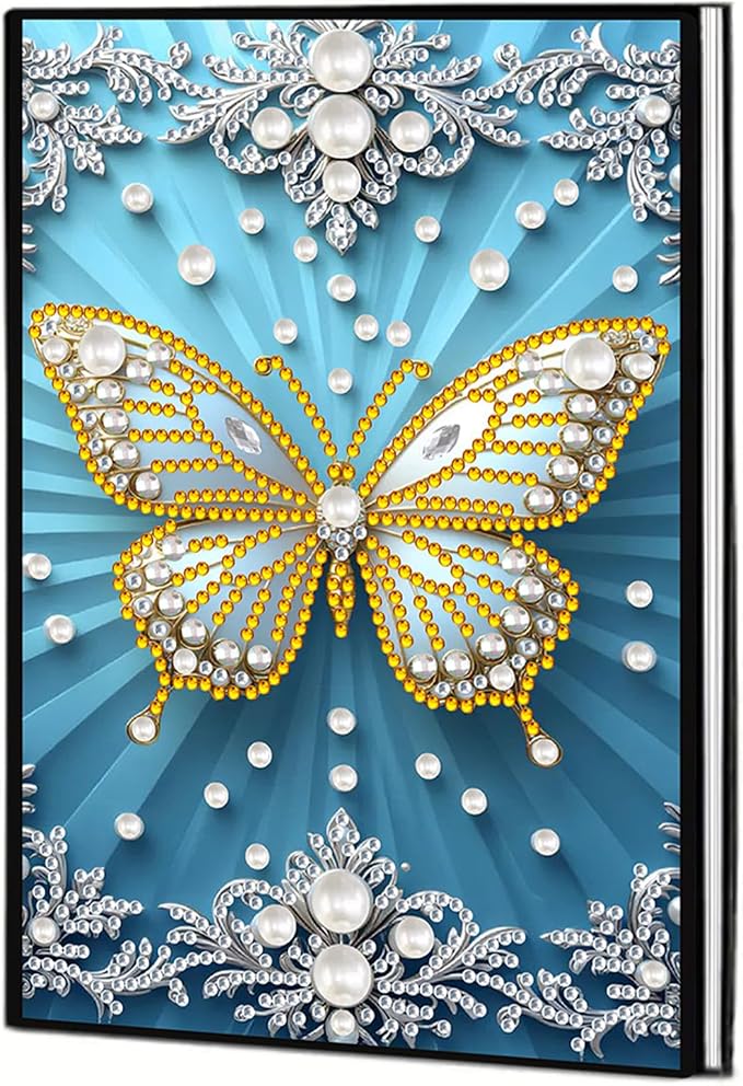 FRANDEK Diamond Art Painting Notebook Kit, White Butterfly A5 DIY Journal with 50 Blank Pages, Crystal Rhinestone Cover with Waterproof Canvas, Beginner Craft Set with Full Tools for Adults