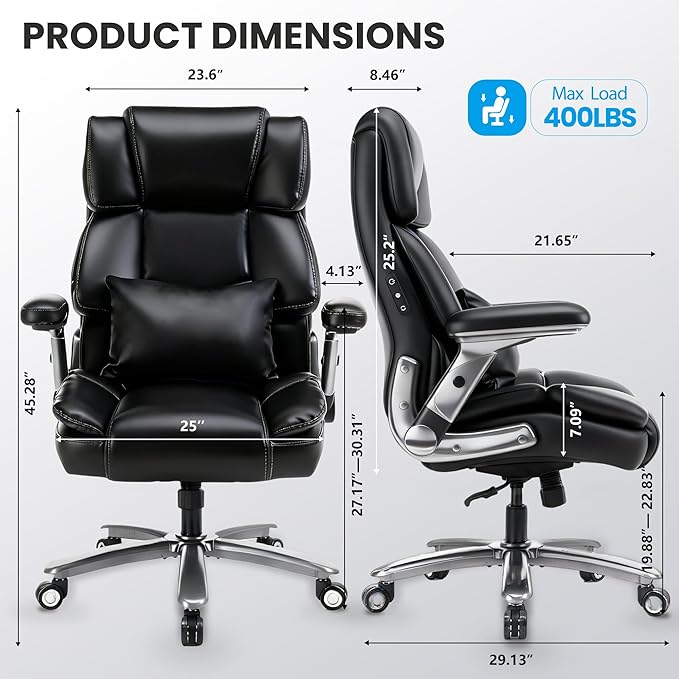 400lbs Big and Tall Executive Chair, Heavy Duty High Back Home Desk Chair | Ergonomic Office Chairs with 3D Kneading Massage, 3D Armrests, 5 Quiet Dual Rubber Wheel, Thick Pocket Spring Cushion