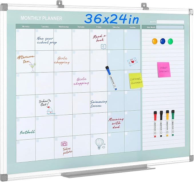 MAKELLO Whiteboard Calendar 36" x 24", Monthly Wall Calendar Dry Erase | Magnetic, Smooth Writing, Easy to Wipe, Aluminum Frame, Wall Mount, Large Whiteboard Calendar, Family, Home, Kitchen, Memo