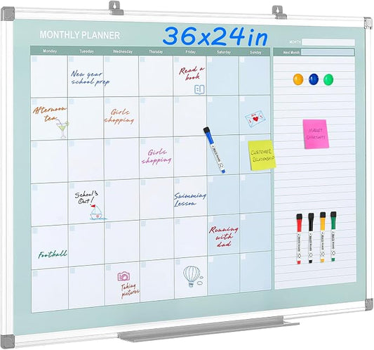 MAKELLO Whiteboard Calendar 36" x 24", Monthly Wall Calendar Dry Erase | Magnetic, Smooth Writing, Easy to Wipe, Aluminum Frame, Wall Mount, Large Whiteboard Calendar, Family, Home, Kitchen, Memo