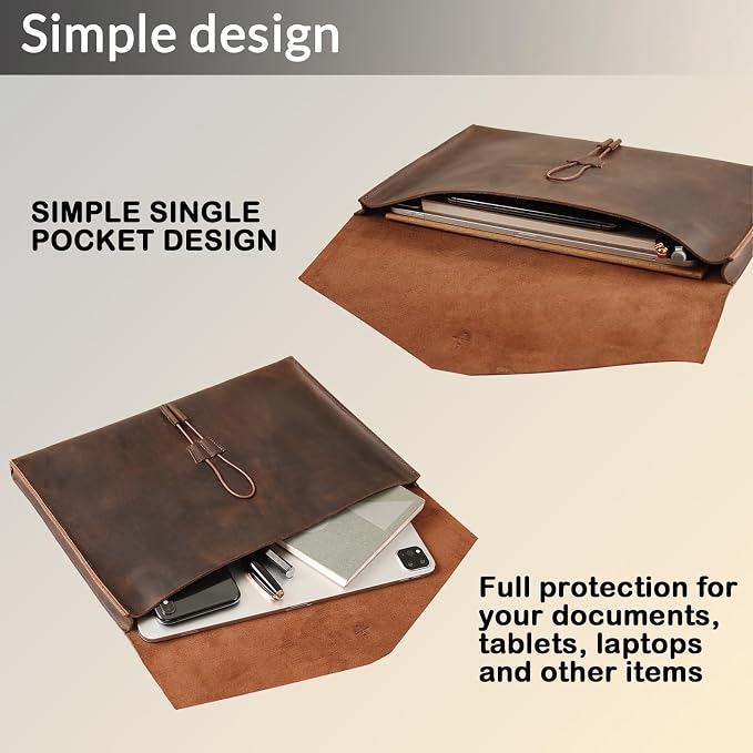 Genuine Leather Folder Portfolio, Leather File Folder Organizer，Envelope Document Holder for Men&Women, Personalized Folio Laptop Sleeve Case for 15" Laptops, Tablets