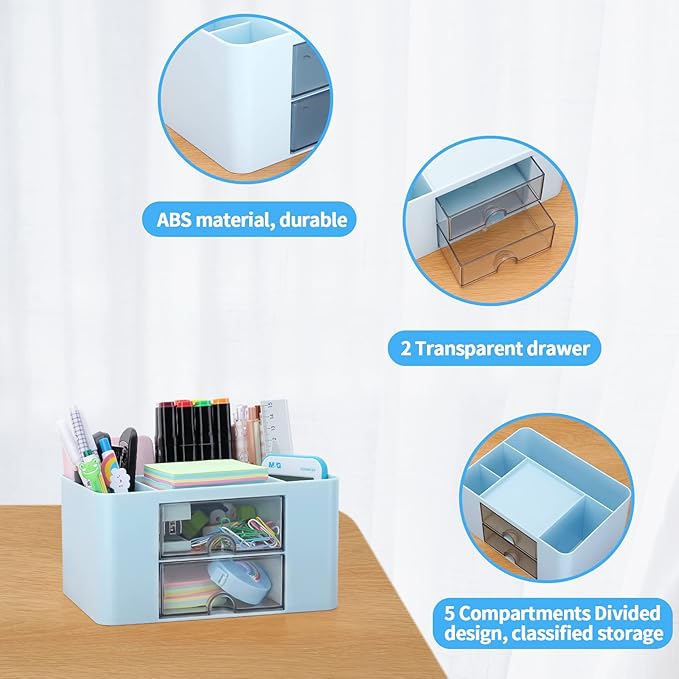 Desk Organizer with 2 Drawer, Plastic Desktop Pen Pencil Card Holder Storage Box for Desk, Office Supplies, Vanity Table Office School Home (Blue)