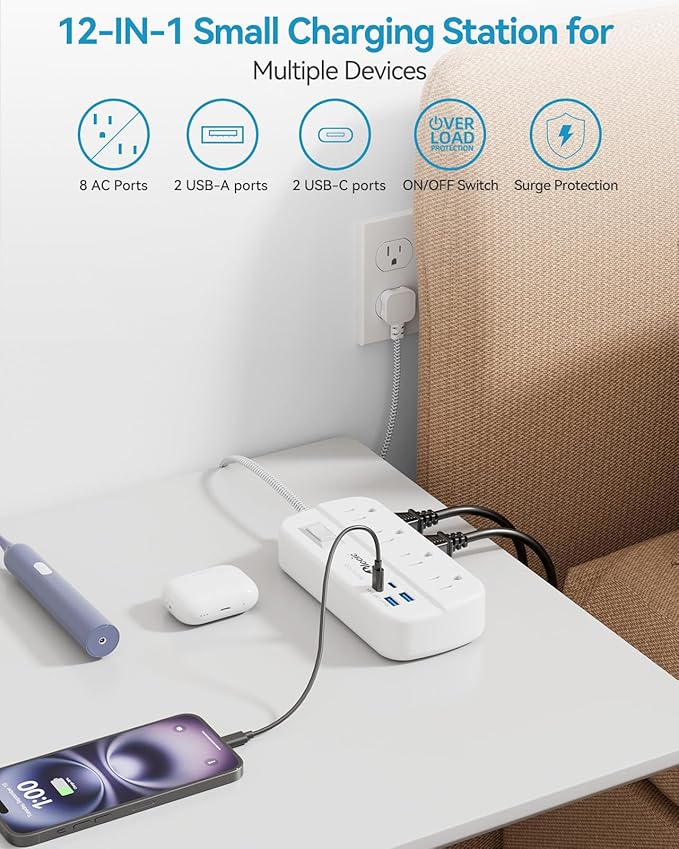 Power Strip with USB, 5Ft Travel Power Strip Surge Protector with 8 Outlets 4 USB(3.4A/17W) Charging Station, 13A/1625W 3 Prong Small Extension Cord Outlet Splitter, Wall Mount for Travel Office Dorm