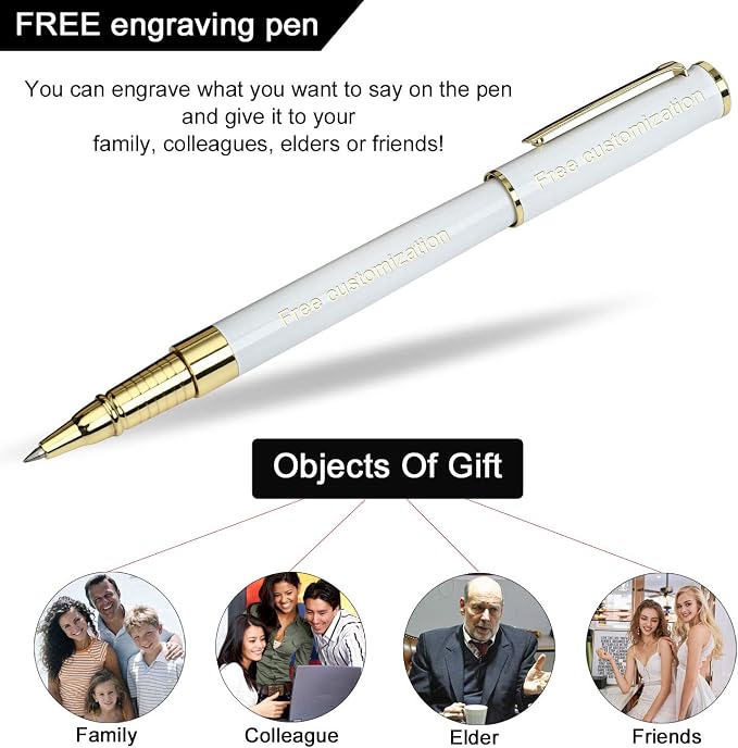 1314 Free Engraving pen Personalized custom pens Roller Ballpen, Ballpoint pen, Ball pen, Medium Refill Pen Black Ink, Custom Gifts for Men, Women, Classy Gift Box (White Style 1)