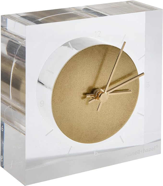 russell+hazel Acrylic & Gold Desk Clock, Clear | Keeps time with upscale style on a desk or shelf. A clear acrylic clock with an etched face & gold-toned brass accents.