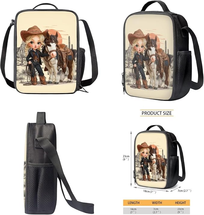 WELLFLYHOM Western Cowgirl Horse Backpack for School Girls 6-8, 4 in 1 Set | Book Bag with Lunch Box Pencil Case Water Bottle Sleeve Elementary Students School Bag Set Kids Back to School Supplies