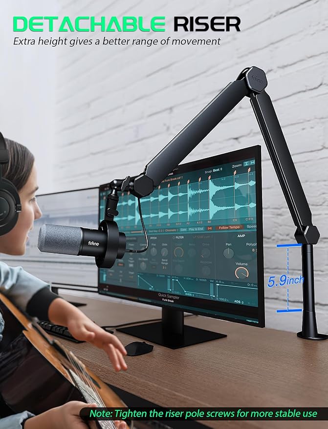 FIFINE Mic Boom Arm, Microphone Stand with Cable Management Channels, Extension Tube, Desk Clamp, Thread Adapter, Fully Adjustable Metal-Built Podcast Mic Arm for Streaming Gaming Recording-BM66T