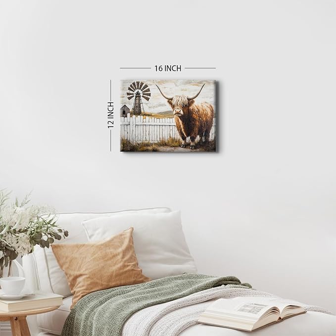 Farmhouse Highland Cow Wall Art Windmill Barn Pictures Western Wall Decor for Kitchen Living Room Country Farm Animals Canvas Paintings Rustic Landscape Poster Prints Artwork Cabin Decorations 12x16"
