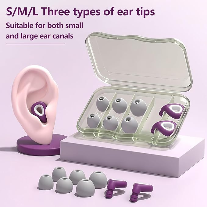 Ear Plugs for Sleeping Noise Cancelling - Purple Reusable Earplugs for 24dB Noise Reduction Snoring Concerts Sleep Deep Focus Work Travel Study, Silicone Flexible Hearing Protection Ear Plugs +3Tips
