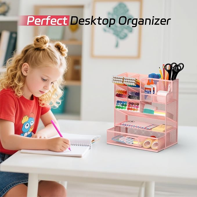 Mesh Pen Organizer for Desk, 13 Compartments with Drawer, Pink | Metal mesh pencil holder and desk organizer with tilted slots for easy access to stationery at home, school or office