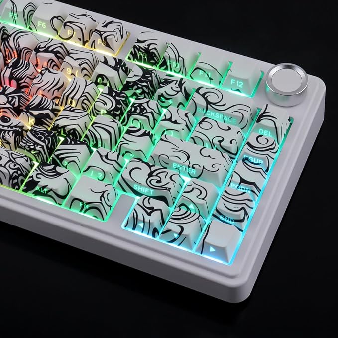 Tsungup PBT Keycaps,138 Keys Custom Cool Dragon Pattern Side Print Keycaps,Cherry Profile Key Caps Keyboard Keycap Set for 60% 65% 75% 80% 100% MX Switches Mechanical Keyboard(White)