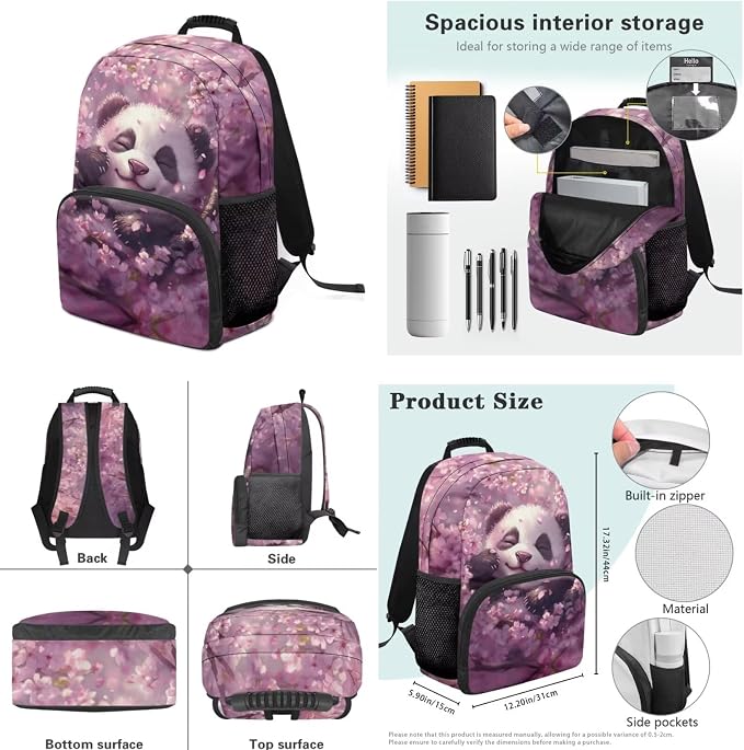 Ystardream Kids Backpack for Girls Cherry Blossom Panda Backpack and Lunch Box Set Large Capacity Elementary School Bookbag with Pencil Case Water Bottle Sleeve 4 in 1 for Teens Back to School Gift