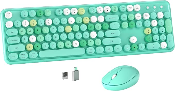 MPTOG Colorful Wireless Computer Keyboard and Mouse Combo with Round Typewriter Keycaps, Retro Design, Power Switch, Ergonomic Design, 2.4GHz Wireless for Windows, Mac, PC(Green-Colorful)