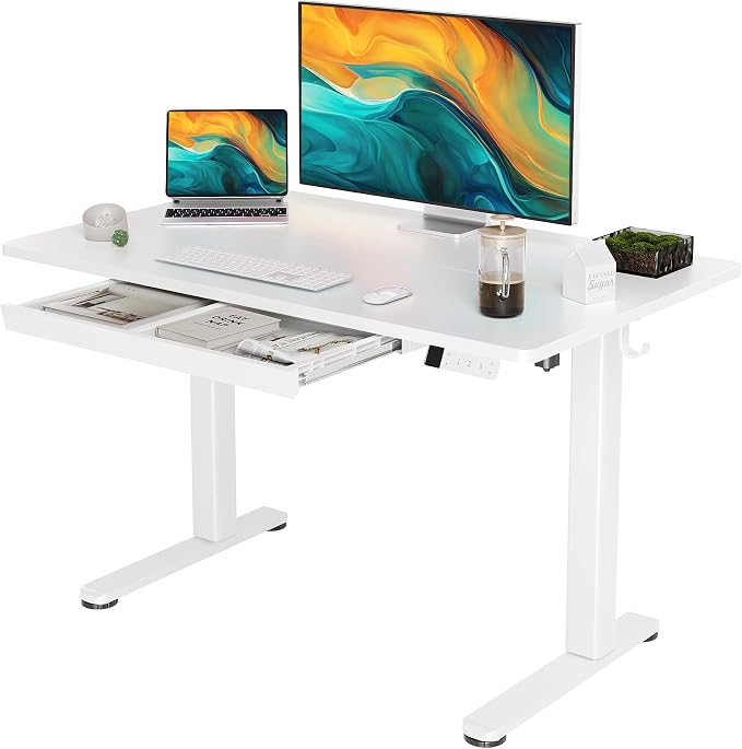 YDN Electric Standing Desk 48 x 24 Inch with Drawer White | Industrial steel frame supports 176 lbs, 28.3 to 46.5 inch height range, quiet 45 dB motor, 25.6 x 12.6 inch storage drawer