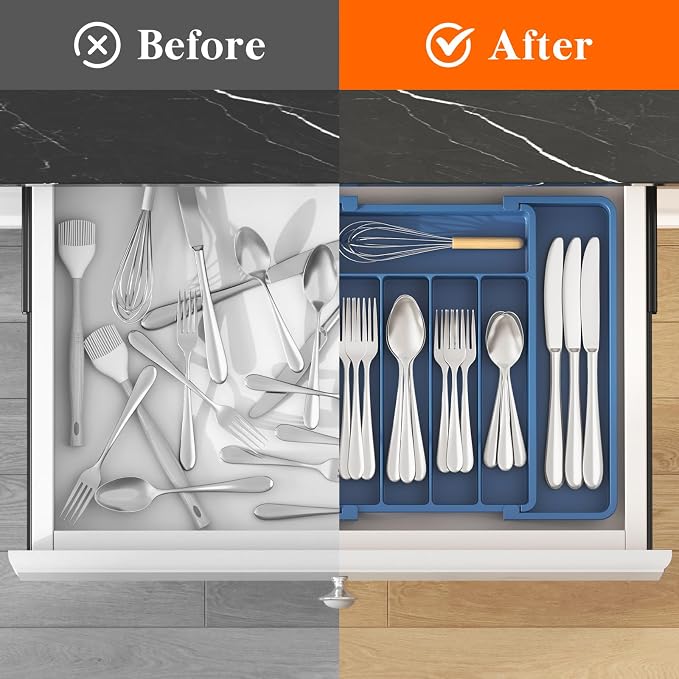 Lifewit Silverware Drawer Organizer, Expandable Utensil Tray for Kitchen, BPA Free Flatware and Cutlery Holder, Adjustable Plastic Storage for Spoons Forks Knives, 8.5"-14.1" x 12.1", Dark Blue