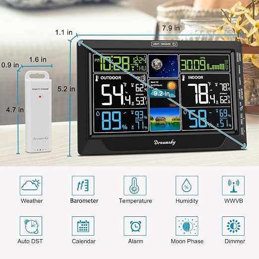 DreamSky Weather Station Indoor Outdoor Thermometer Wireless, Atomic Clock | Digital Large Display with Backlight Dimmer, USB Port, Inside Outside Temperature Humidity Monitor for Home (Plug-in)