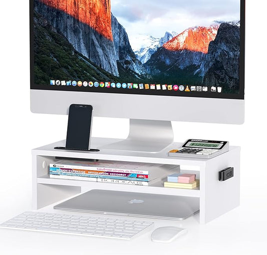 BONTEC Wooden Monitor Stand Riser for Desk, 2-Tier Computer Monitor Stand with Storage, 66 lbs Desk Shelf Organizer, Laptop & Printer Stand with Phone Holder and Cable Management, White, 16.5 Inch