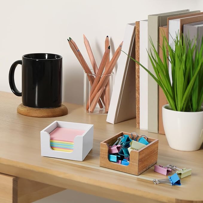 Wood Sticky Note Holder, 3 x 3 Inch Post It Note Dispenser for Office Desk Accessories, Self Stick Note Pad Holder, Memo Pad Holder Dispenser Organizer for School Office Desk Supplies, White
