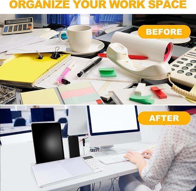 Small Glass Desktop Whiteboard Dry Erase Board with Calculator - Desktop White Board Storage Memo Notepad Computer Keyboard Stand Organizers with Accessories Markers, Eraser for Office, Home, School