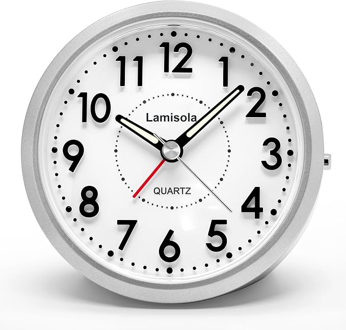 Lamisola 4 Inch Alarm Clock for Bedrooms, Small Analog Desk Clock, Silver | Battery Operated Bedside Clock for Bedroom Bathroom Home Nightstand Shelf, Night Light Snooze, Minimalist Clocks for Seniors