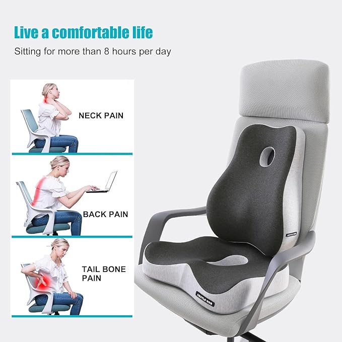 X Large Memory Foam Seat Cushion & Lumbar Support Pillow, Sciatica & Tailbone Pressure Relief Coccyx Cushion for Office Chair, Car, Wheelchair, Home