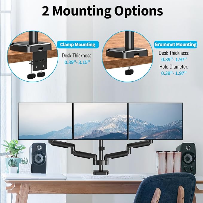 MOUNTUP Triple Monitor Mount for 17-32 inch Screens, Full Motion Triple Monitor Stand, 3 Monitors Desk Mount Holds 4.4-19.8 lbs Each, Clamp & Grommet Mounting, Black