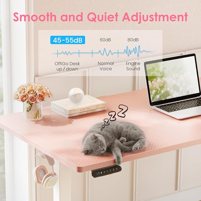 OffiGo 40" Pink Electric Standing Desk Height Adjustable for Home Office | 3 Memory Presets, Rear Cable Notch, Dual Side Hooks, Stand Up Desk for Bedroom, Study room, Home Office and Vanity Space