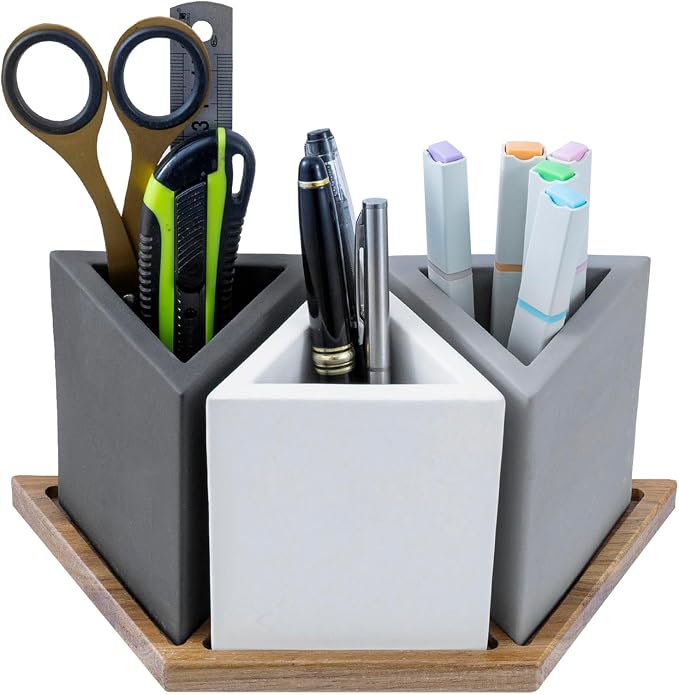 MyGift Modern Concrete Desk Organizer Set with 3 Triangular Gray-Tone Pen Holders and Acacia Wood Tray, 4-Piece Office Storage Solution for Pens, Pencils, and Supplies