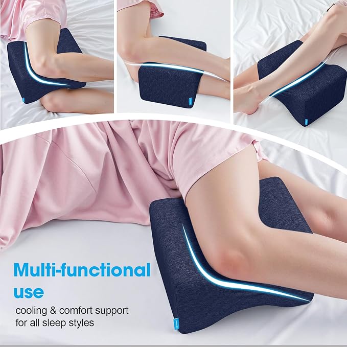 Knee Pillow for Side Sleepers with Cooling Gel, Memory Foam Elevation Pillow for Spine Aligning, Sciatica, Back, Hip, Knee, Ankle Pain, Blue/Large