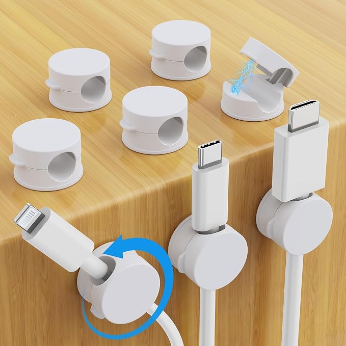 AGPTEK 8 Pack Magnetic Cable Clips, 360° Rotatable Cord Holder, White | Cable Holder for Nightstand, Desk Cord Organizer Adhesive Wire Management Home Phone Charging Cords USB Cable Keeper