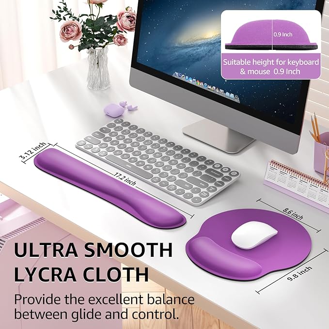 KTRIO Ergonomic Keyboard Wrist Rest and Mouse Pad with Wrist Rest Set, Memory Foam Wrist Support for Typing, Gaming, Office and Home Use, Pale Pink, Violet Purple