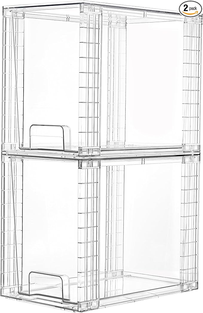 Vtopmart 2 Pack Clear Stackable Storage Drawers,9.7" High Plastic Organizers Bins for Skincare, Bathroom Supplies,Ideal for Cabinet,Undersink,Vanity,Kitchen,Pantry Organization