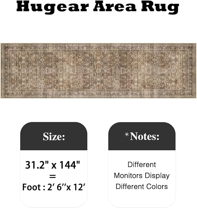HUGEAR 2'6''x12' Runner Rug Hallway Vintage Brown Machine Washable Retro Floral Low Pile Carpet Distressed Long Throw Rug Bedroom Kitchen Laundry Non Slip Soft Lightweight