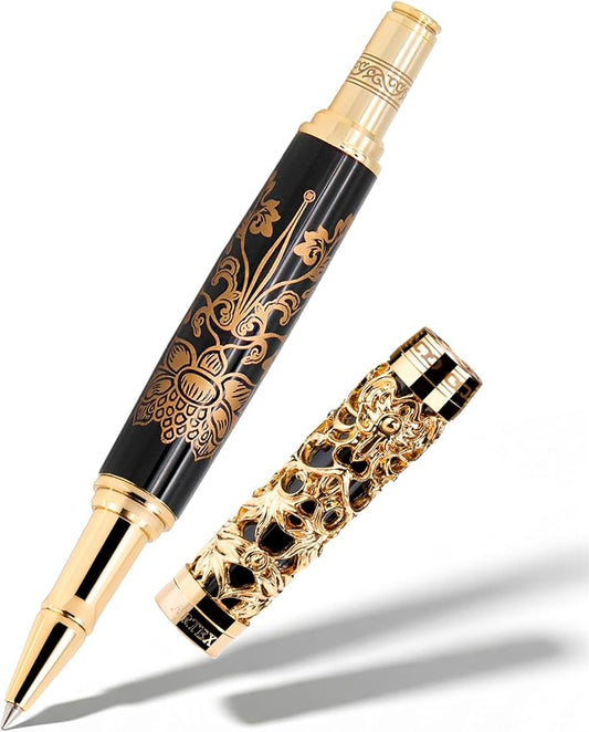 Executive Rollerball Pen Sets With Stand-Museum Collections-Crafting Timeless Beauty-Luxury Pen Gift & Office Desk Decor, German SCHMIDT refill, Solid Metal & Marble Texture (Black and Gold Pen)