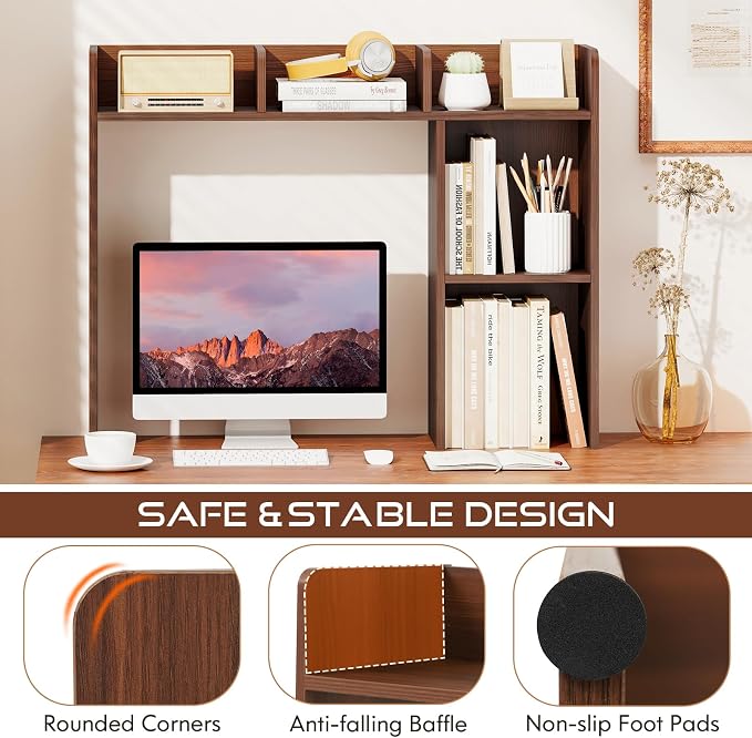 Tangkula Desktop Bookshelf, Countertop Storage Hutch with Shelves for Computer Desk, Desk 3-Tier Display Rack, Multipurpose Wood Desktop Hutch Storage Organizer for Dorm Office (Walnut)