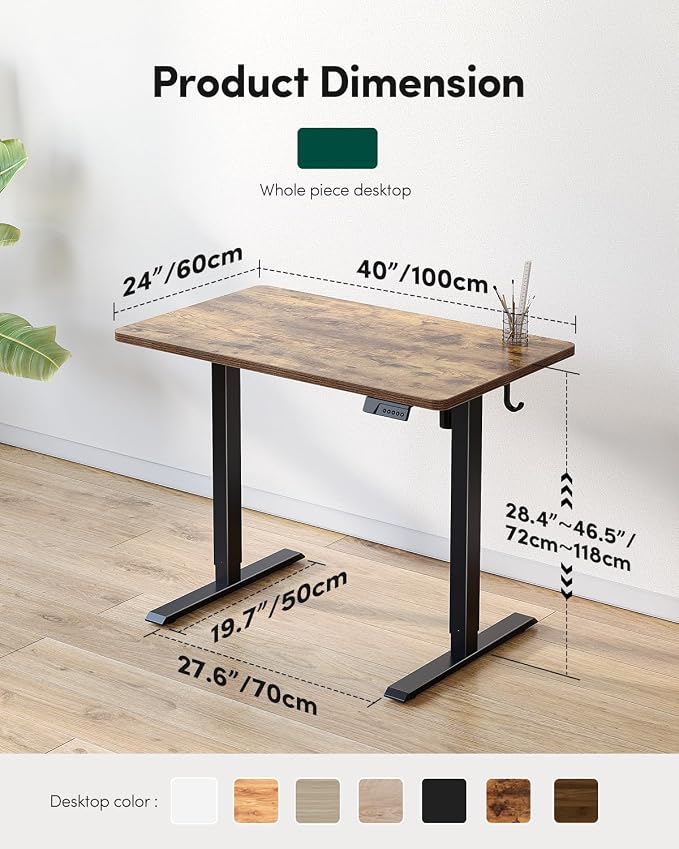 CubiCubi 40 x 24 Small One-Piece Standing Desk, Adjustable Height Electric Computer Home Office Sit Stand up Workstation, with 4 Memory Presets, Headphone Hook, Rustic Brown