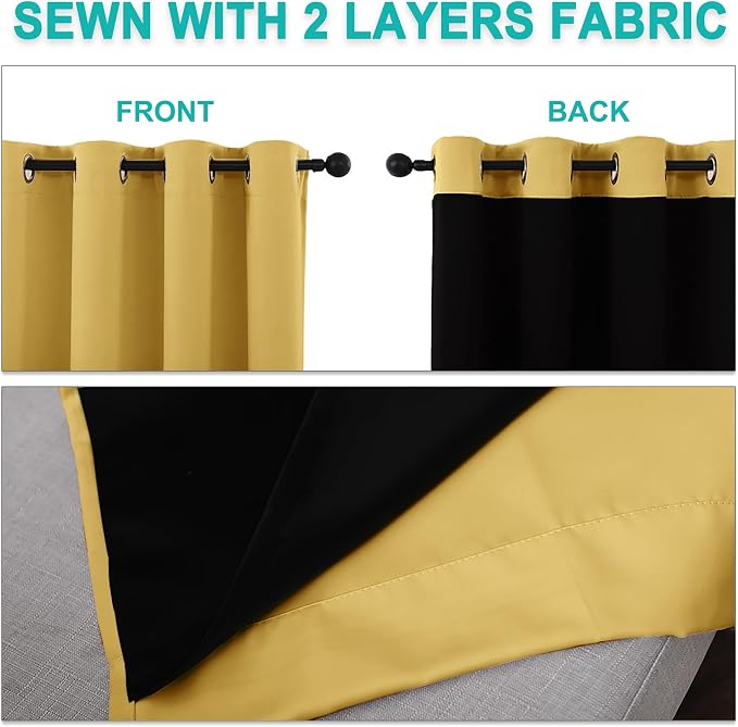 NICETOWN 100% Blackout Curtains with Black Liners, Thermal Insulated Full Blackout 2-Layer Lined Drapes, Energy Efficiency Window Drapes for Dining Room (Bright Yellow, 2 Panels, 52" W by 45" L)
